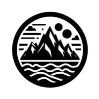 A monochrome circular emblem depicting jagged mountain peaks, swirling water, clouds, and celestial orbs, illustrating a serene, stylized landscape. vector