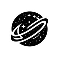 Black and white minimalist illustration of a planet with rings and a starry sky background, ideal for a . vector