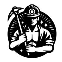 Strong Miner Silhouette in Black and White, Holding Pickaxe, With Circle and Star Burst Background vector