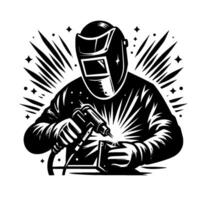 Silhouette of a Welder at Work with Intense Light Burst and Sparking Welding Tool, Isolated on White. vector