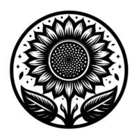 Intricate Black and White Sunflower Mandala , Featuring Geometric Patterns, Leaf Details, a Circular Border, and a Modern Aesthetic. vector