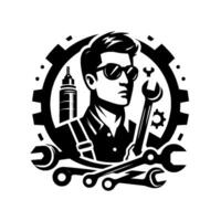 Stylish Mechanic in Sunglasses Surrounded by Tools and Gear in a Black and White Illustration, Representing Precision. vector