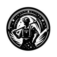 Silhouette of a Miner with a Pickaxe, Circular Emblem, Starry Background, Black and White vector