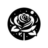 Stylized Black and White Rose Silhouette in a Circle with Moon and Star Accents, Simple and Elegant vector