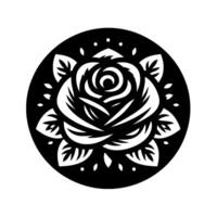 Elegant Black and White Circular Rose with Detailed Petals and Leaves, Set Against a Plain Background. vector