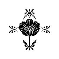 Symmetrical Black Floral with Stylized Petals, Stem, and Decorative Elements Against a White Backdrop. vector