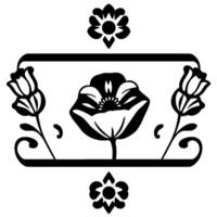 Black and White Floral Frame Bold, symmetrical featuring stylized flowers within a rectangular border, evoking a sense of elegance and simplicity. vector