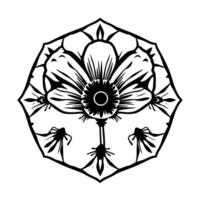 Detailed, symmetric black and white floral , stylized flower shape, in octagon frame. vector