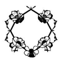 Geometric Floral Wreath A symmetrical black and white featuring flowers, leaves, and a hexagonal frame, creating a delicate yet bold illustration. vector