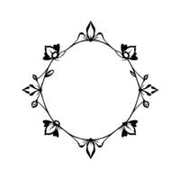 Elegant symmetrical floral frame in black and white, featuring flowers, leaves, and a delicate, circular arrangement on a blank background. vector