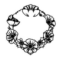 Geometric Floral Wreath Black and White Minimalist with Poppylike Blossoms Forming a Hexagonal Frame. vector