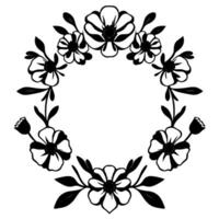 A symmetrical black and white floral wreath, detailed with poppies and leaves, creating a sophisticated and elegant circular frame. vector