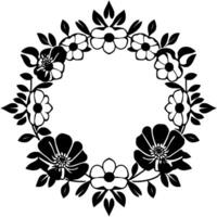 A symmetrical, bold, black and white floral wreath , featuring various flower types, leaves, and branches, centered on a white background. vector