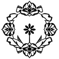 Circular Floral Arrangement A symmetrical, stylized black and white illustration featuring four ornate flower heads and a central daisy, framed by leaves. vector