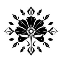 Symmetrical Floral in Black and White, Featuring a Central Flower with Petals, Leafy Accents, and a Radiating Composition. vector