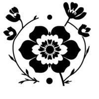 Monochrome Floral Arrangement A symmetrical featuring a central, detailed flower with surrounding blossoms and decorative stems, all rendered in black and white. vector