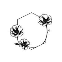 Black and white poppy flower arrangement surrounding a geometric hexagon frame, simple and elegant. vector
