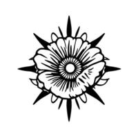 A bold, stylized black and white floral , reminiscent of a compass rose, featuring sharp petal extensions emanating from a detailed center. vector