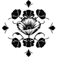 Symmetrical Black and White Floral Pattern with PoppyLike Flowers in a Decorative, Artistic Arrangement. vector