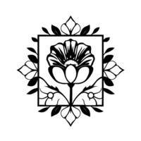 An Elegant, Symmetrical Black and White Floral within a Square Frame, Featuring Detailed Petals and Leaves, Perfect for Decorative Use. vector