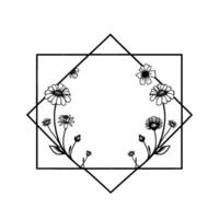 Elegant black and white botanical illustration of daisies and buds arranged in a diamond and square frame. vector