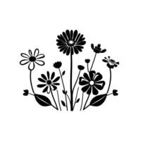 A stylized, black and white floral arrangement, featuring various types of flowers with minimalist , isolated against a stark white background. vector