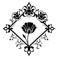 Ornate Black and White Floral Poppy and Blooms Enclosed in a Diamond Frame with Intricate Decorative Elements. vector