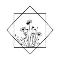 Delicate Daisy Field Illustration Contained Within a Geometric Diamond and Square Frame, Elegant Minimalist Black and White vector