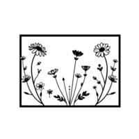 Black and white stylized botanical illustration within a rectangle, featuring diverse flowers and foliage, conveying simplicity. vector