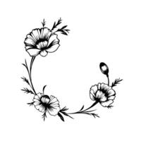Elegant black and white botanical illustration, a poppy wreath, featuring three fully bloomed flowers and a bud, with delicate stems and leaves, creating a refined circular . vector
