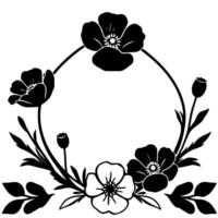 Elegant monochromatic floral wreath featuring poppies, buds, and leaves arranged in a circular frame, with a single white flower contrasting. vector