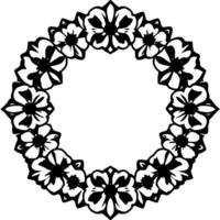 Black and White Floral Wreath, Detailed Silhouette, Circular Frame, Decorative , Isolated on White. vector