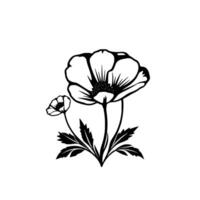 Simplified illustration of a poppy flower and bud, with detailed petals and leaves, arranged in a minimalist, highcontrast black and white . vector