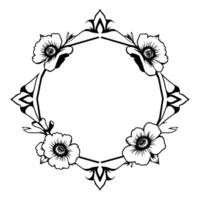 Monochromatic floral frame featuring four stylized anemone blossoms and decorative geometric elements arranged in a symmetrical . vector