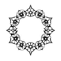 Intricate black and white floral wreath , featuring detailed petals, central stamen patterns, framed in pointed stylized leaf shapes, on a white background. vector