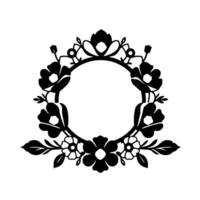 Intricate Black Floral Frame with a Blank Circular Center, Featuring Various Flower Types and Leaves, Isolated on White. vector