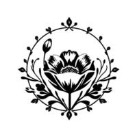 Intricate Black and White Floral Crest Featuring a Poppy in a Circular Frame with Delicate Foliage and a Bud, on White Background. vector