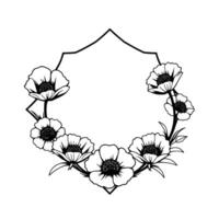 Elegant Black and White Floral Frame Poppylike blooms arranged in a symmetrical, decorative with geometric accents. vector