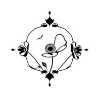 Ornate floral in black and white, featuring poppies, a bird, and symmetrical elements, creating a delicate and stylized composition. vector