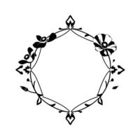 Black and white floral octagonal frame with stylized anemones, leaves, and buds, on a plain background. vector