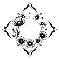 Intricate Black and White Floral Mandala, a symmetrical featuring poppylike blooms with geometric frame elements, evoking elegance and simplicity. vector