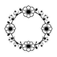 Elegant black and white floral wreath illustration, featuring four large flowers, buds, and leaves arranged in a circular decorative frame on a plain white background. vector