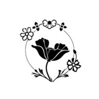 Elegant monochrome floral emblem featuring a central poppy encircled by delicate blossoms and leaves within a refined circular frame, creating a graceful ornamental . vector