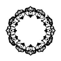A symmetrical, monochrome floral wreath composed of stylized blossom illustrations, arranged in a perfect circle with a negative space center, presented on a white background. vector