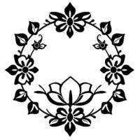 Intricate Black and White Floral Wreath with Stylized Blooms, Leaves, and Curling Vines, Centered on Blank Canvas. vector