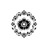 Black floral arranged in a circular pattern with a central flower and surrounded by smaller blooms and leaves on a white backdrop. vector