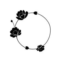 Minimalist Black Floral Wreath on White Background, Featuring Symmetrical Arrangement of Blossoms and Foliage with Circular Frame. vector
