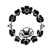 Black and white floral wreath, stylized with poppylike blossoms, leaves, and stems arranged in a circular composition on a clean white background, creating a symmetrical and elegant artistic e vector