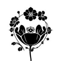 Elegant Black and White Floral A Stylized Poppy and Decorative Blossoms in a Circular Arrangement, with a Minimalist Aesthetic. vector