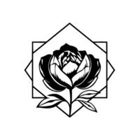 A monochrome botanical illustration of a stylized rose within a geometric diamond and square frame, symbolizing elegance. vector